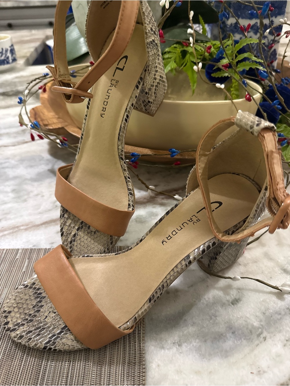 CL by Laundry Tan and Snake-Print Block Heel Sandals